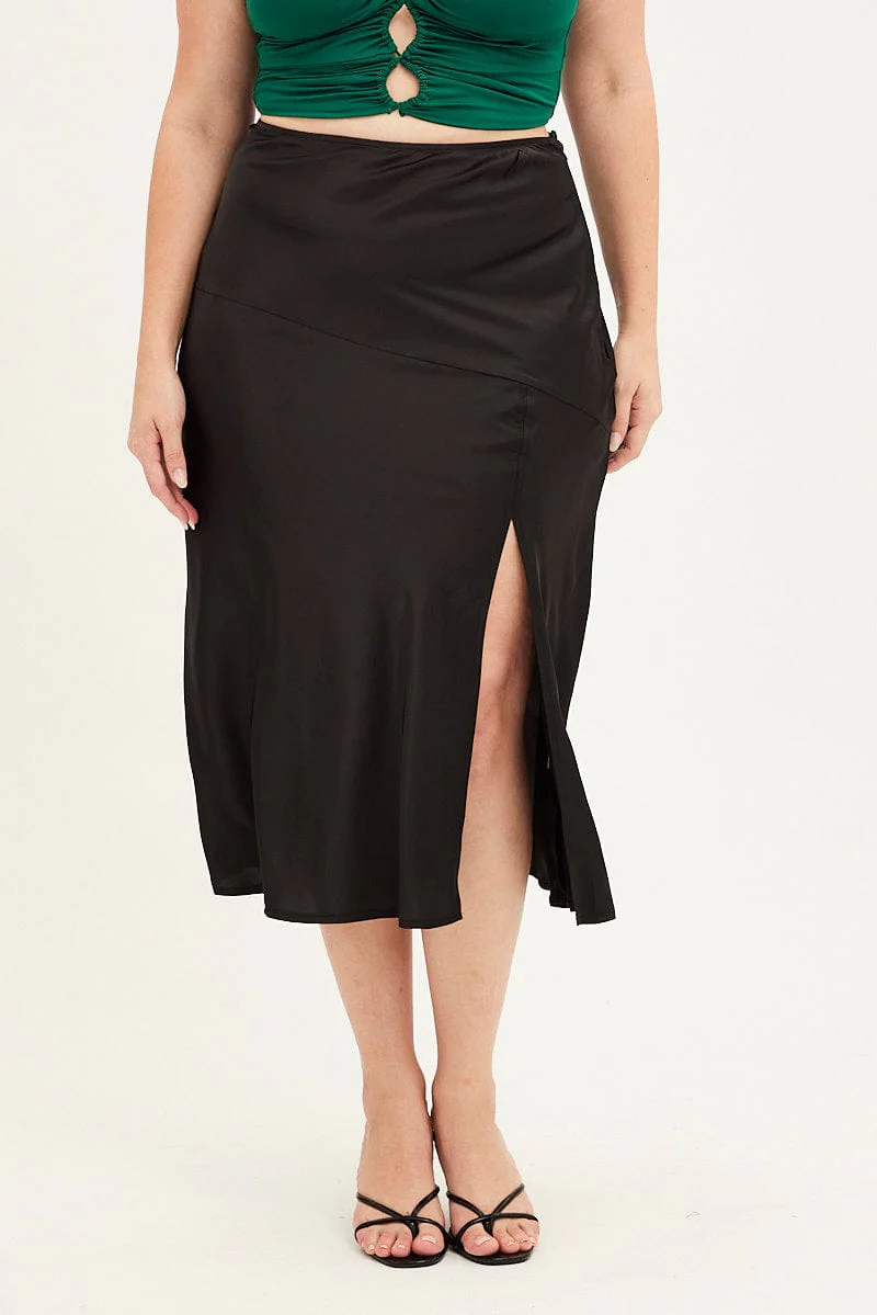 Black Midi Skirt High Waist Split Satin - Image 2