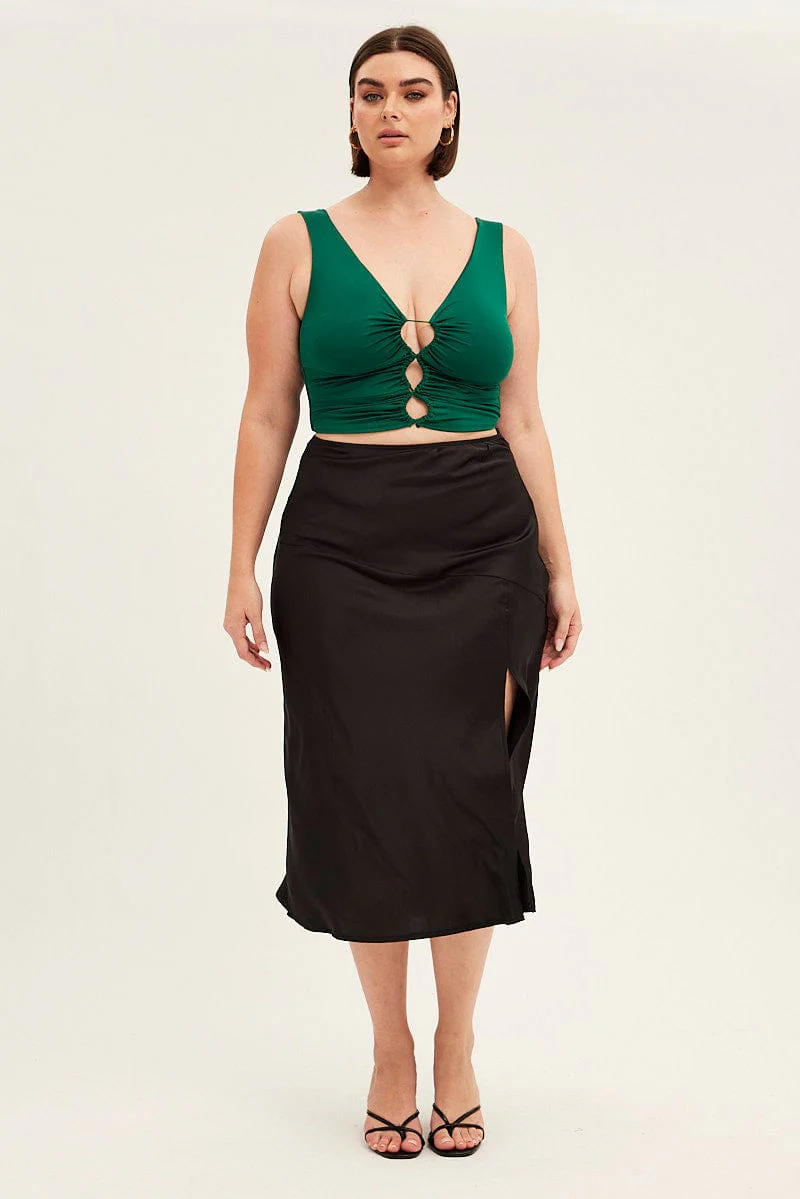 Black Midi Skirt High Waist Split Satin - Image 3