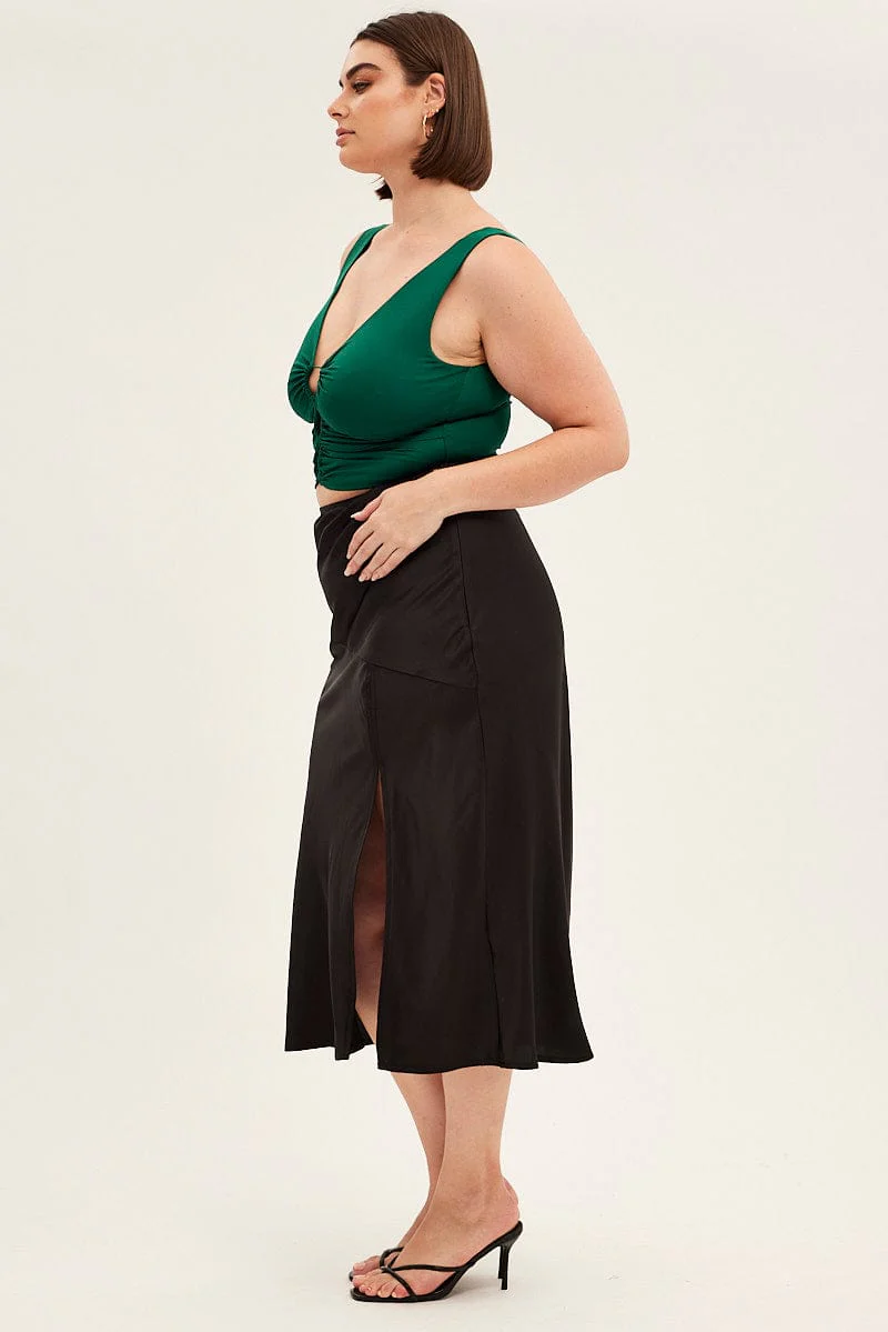 Black Midi Skirt High Waist Split Satin - Image 4