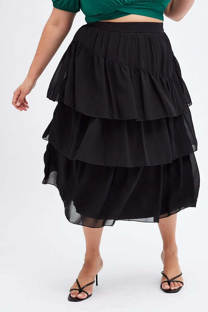 Black Midi Skirt Ruffle Hem - Image 2