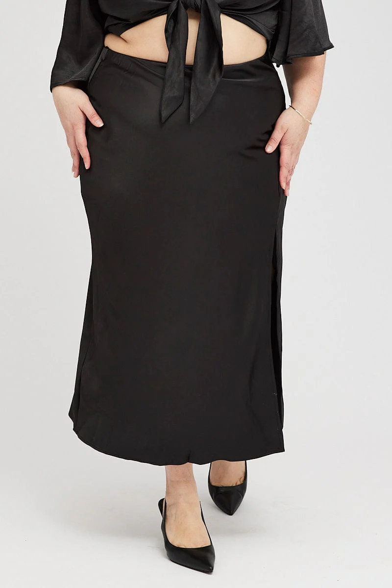 Black Midi Skirt Satin Split Flare - Image 2