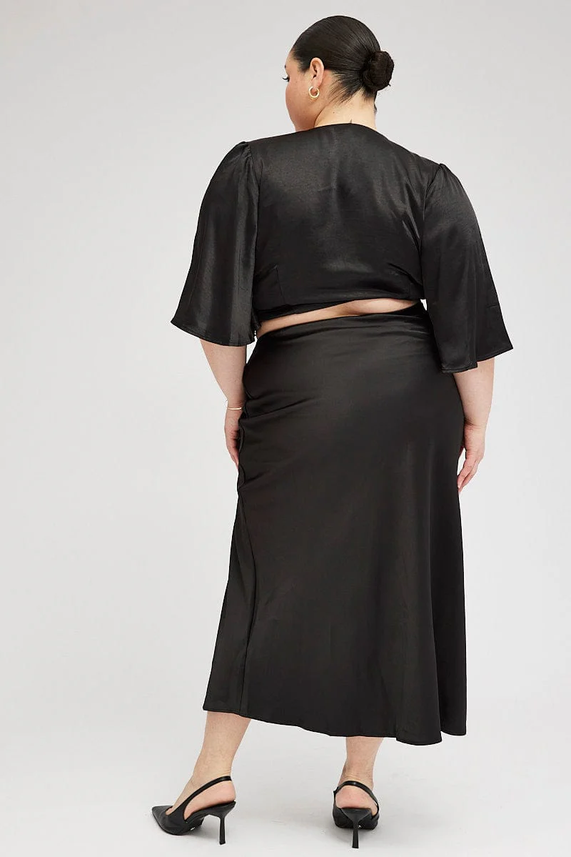 Black Midi Skirt Satin Split Flare - Image 5