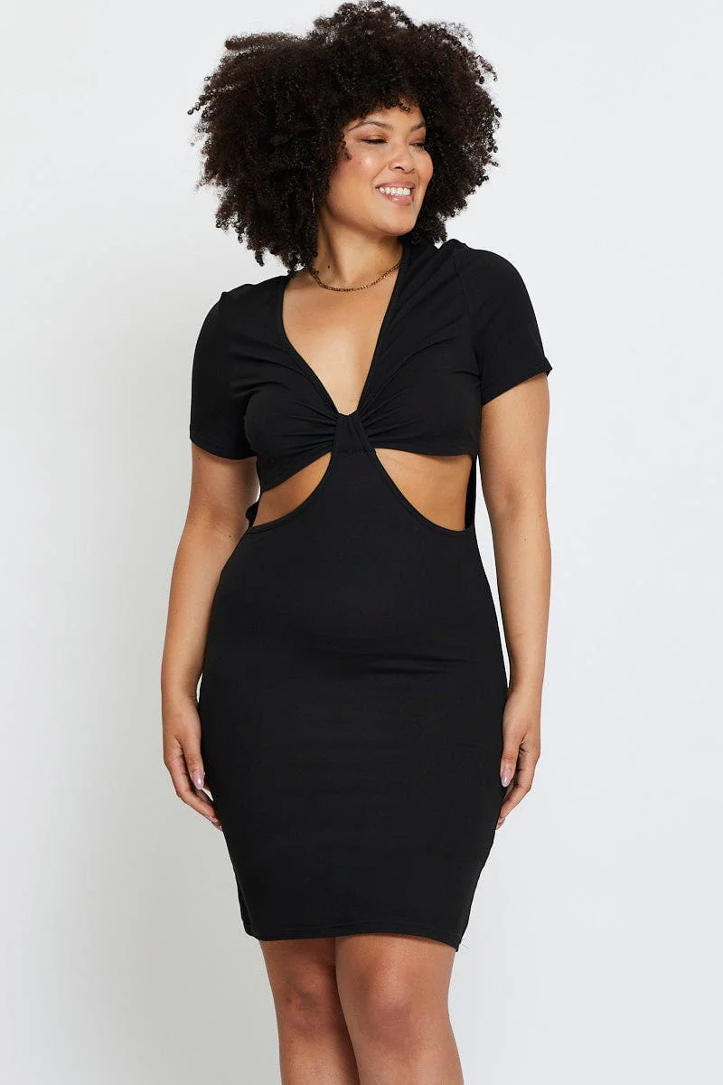 Black Mini Bodycon Dress Colla Short Sleeve Jersey - Image 3