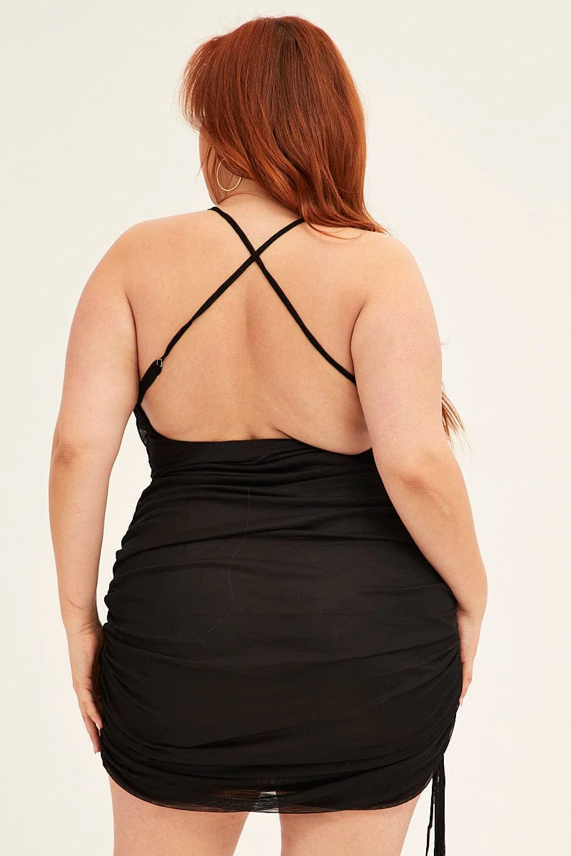 Black Mini Dress Cross Back Ruched Bodycon Mesh - Image 5