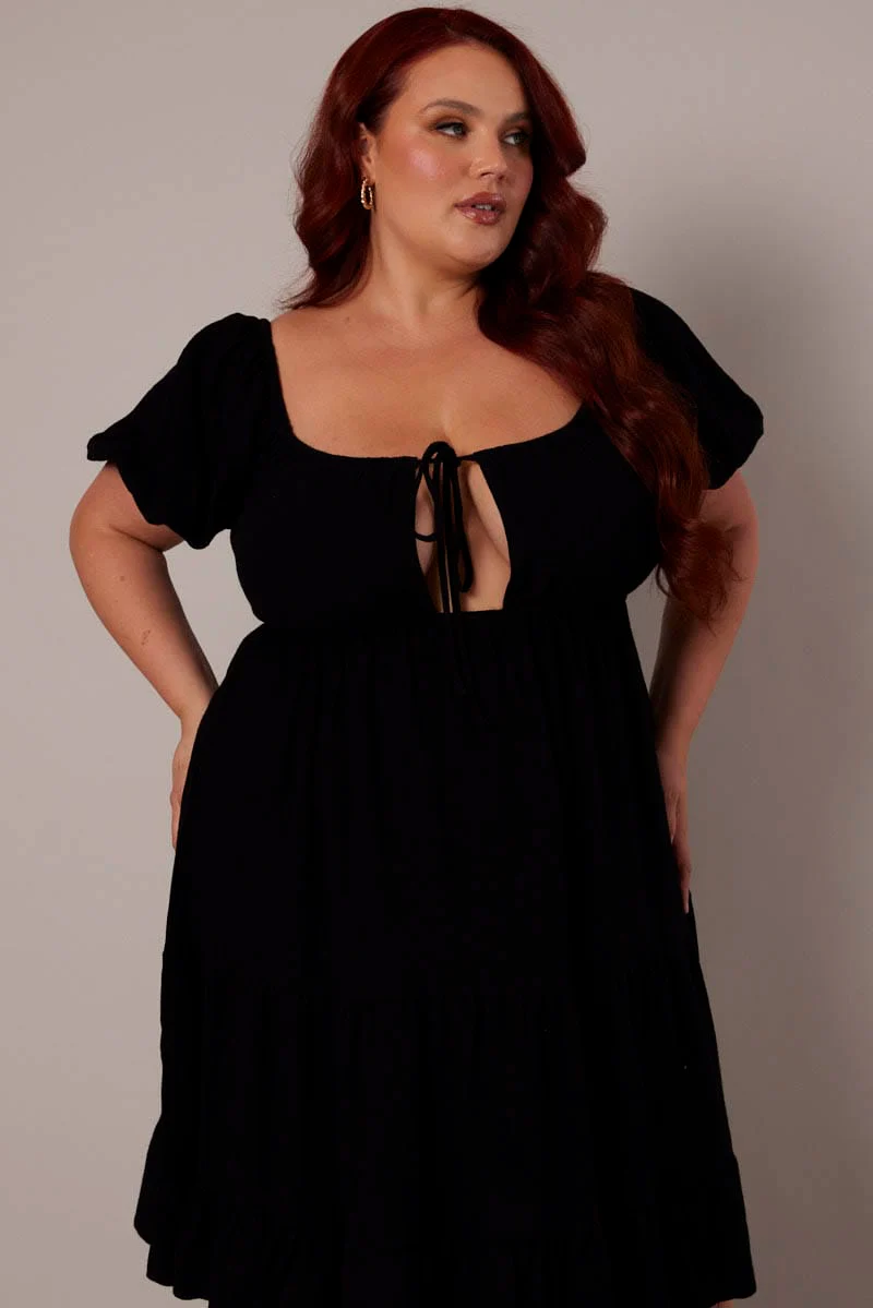 Black Mini Dress Linen Blend Puff Sleeve Sweetheart Neck - Image 3