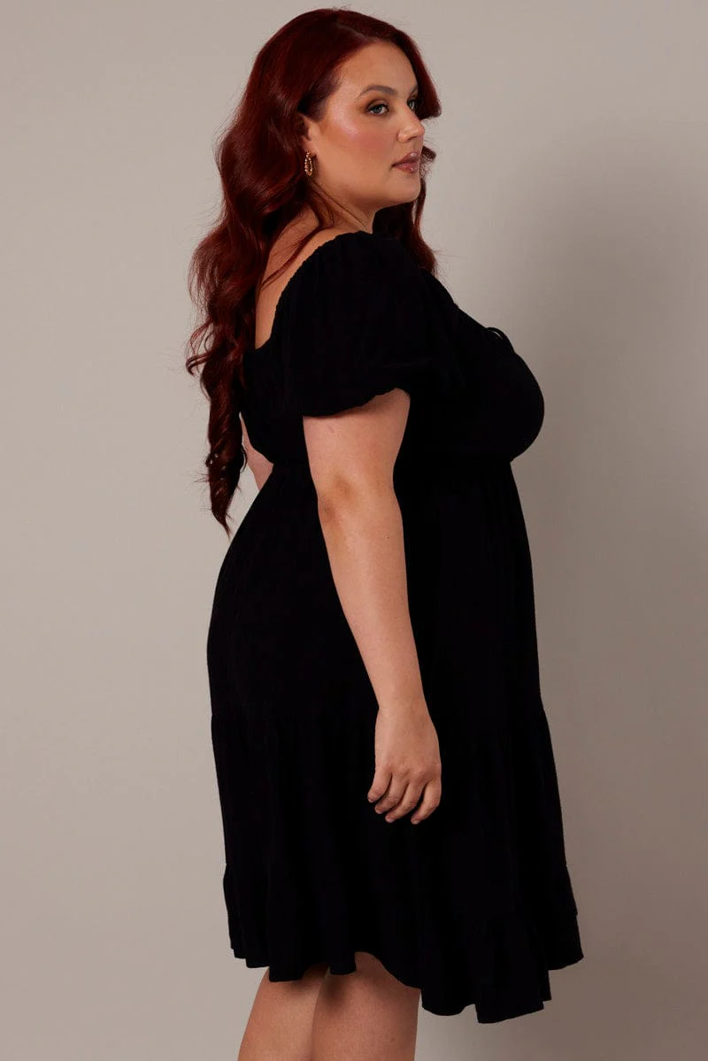 Black Mini Dress Linen Blend Puff Sleeve Sweetheart Neck - Image 4