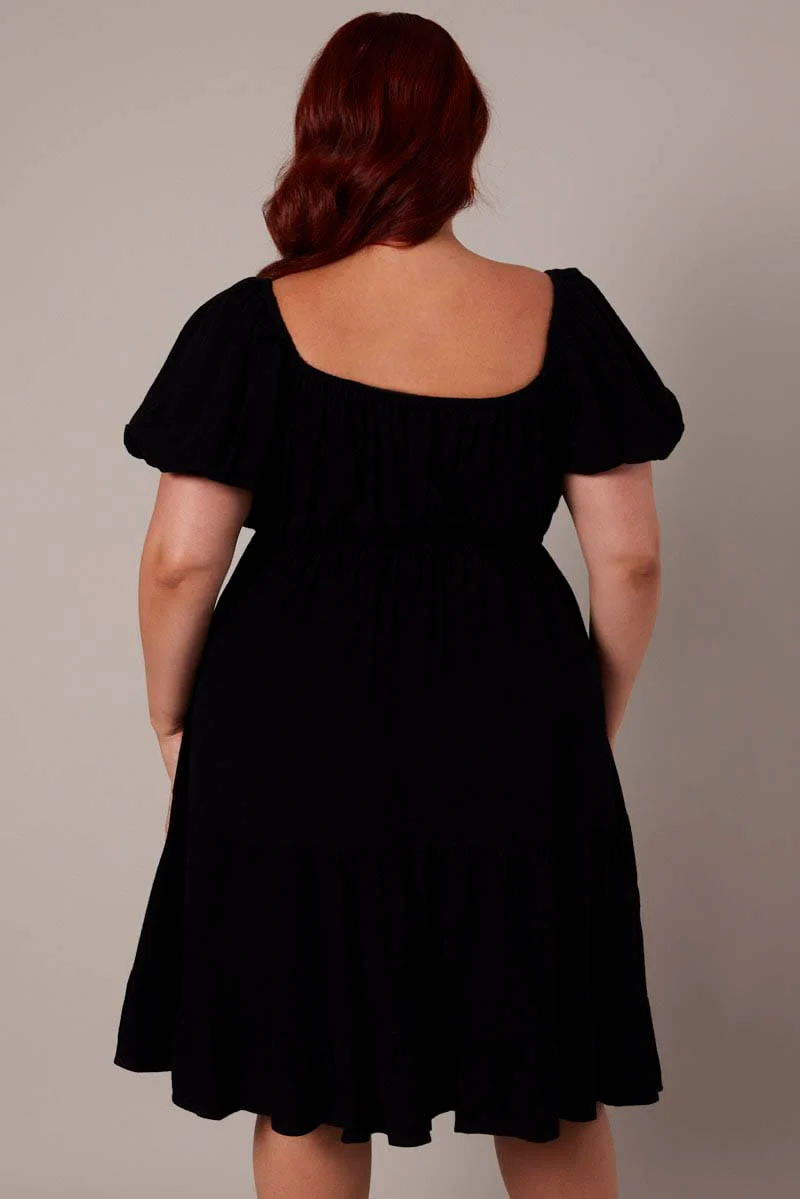 Black Mini Dress Linen Blend Puff Sleeve Sweetheart Neck - Image 5