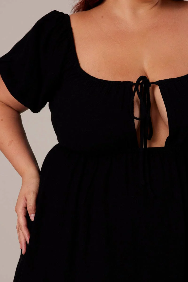 Black Mini Dress Linen Blend Puff Sleeve Sweetheart Neck - Image 6