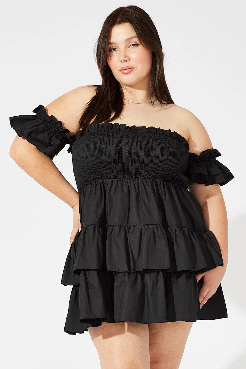 Black Mini Dress Off Shoulder Cotton Frilled - Image 3