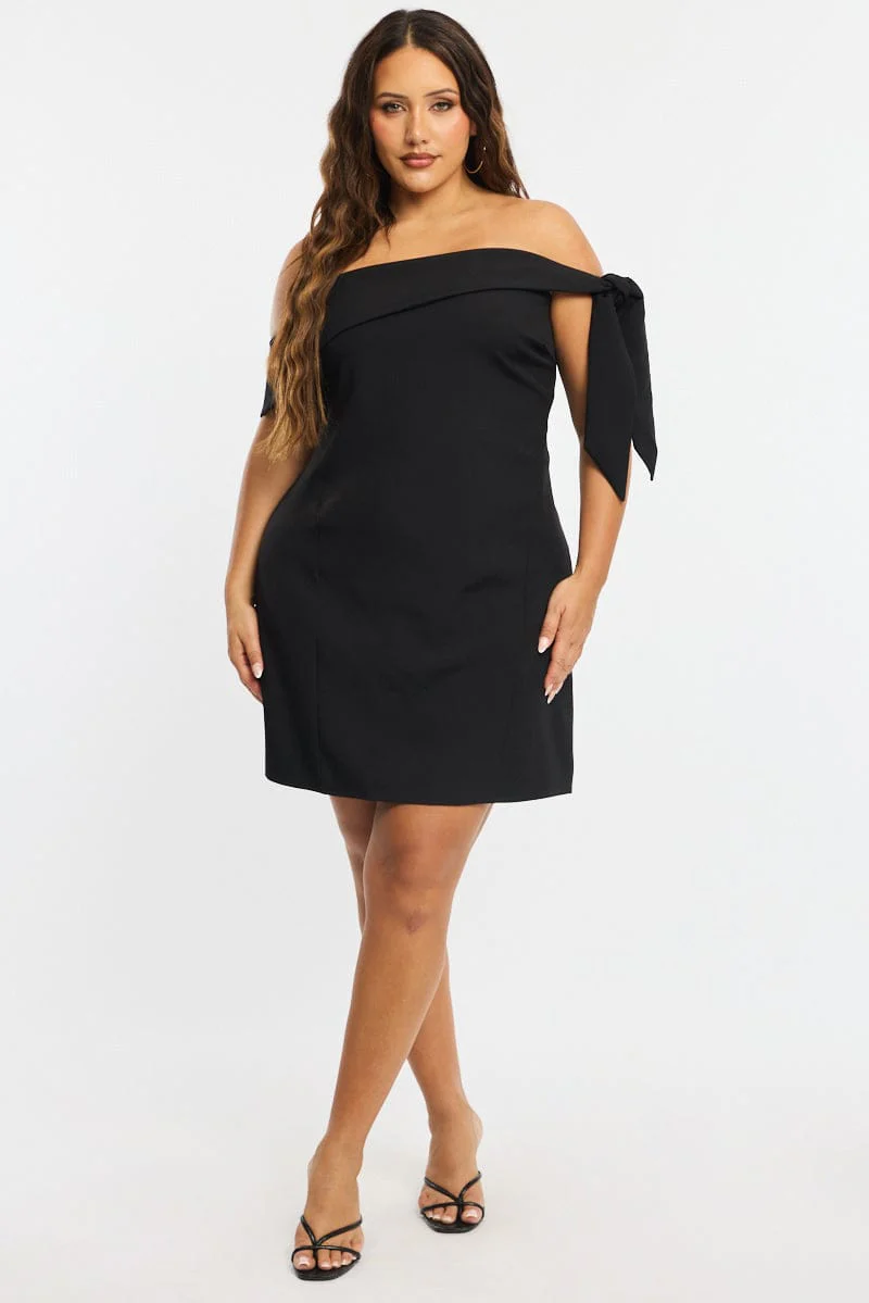 Black Mini Dress Off Shoulder Side Tie - Image 2