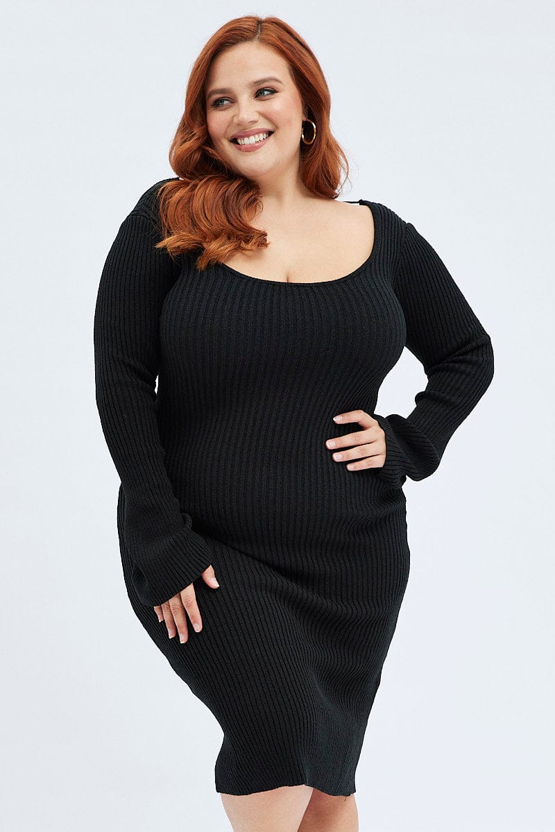 Black Mini Dress Scoop Neck Knit Flare Sleeve
