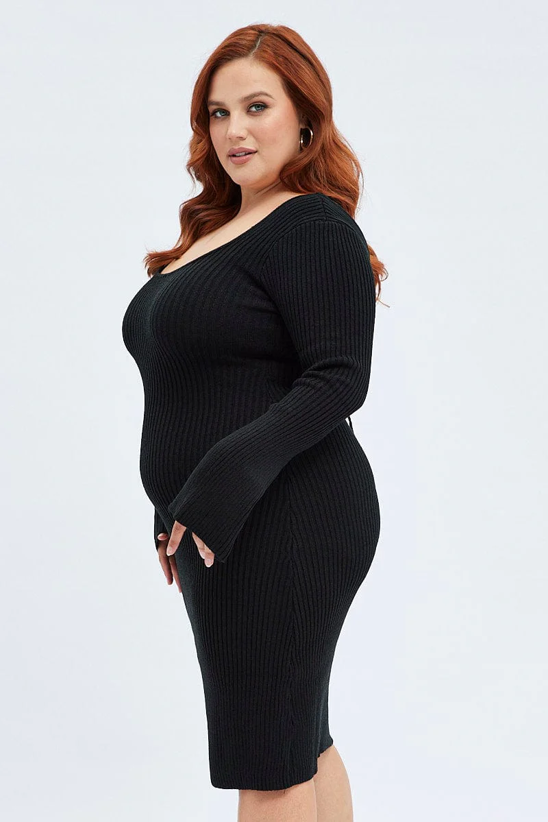 Black Mini Dress Scoop Neck Knit Flare Sleeve - Image 4