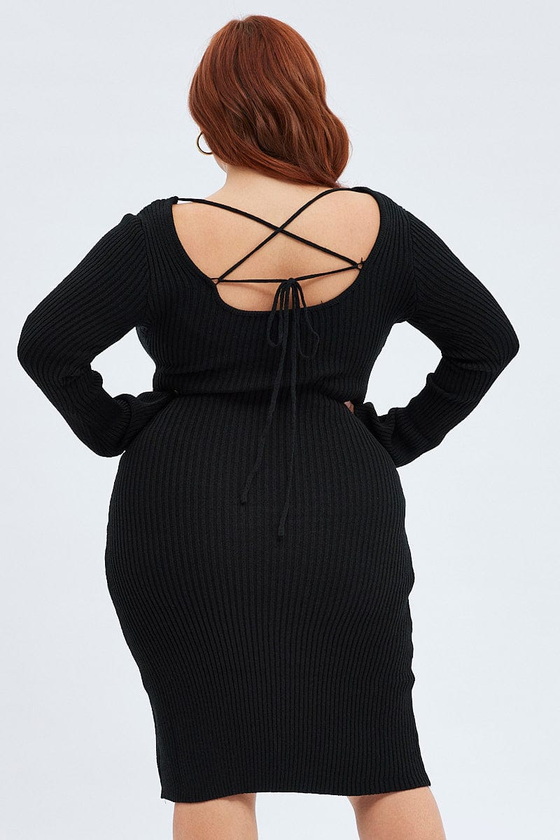 Black Mini Dress Scoop Neck Knit Flare Sleeve - Image 5