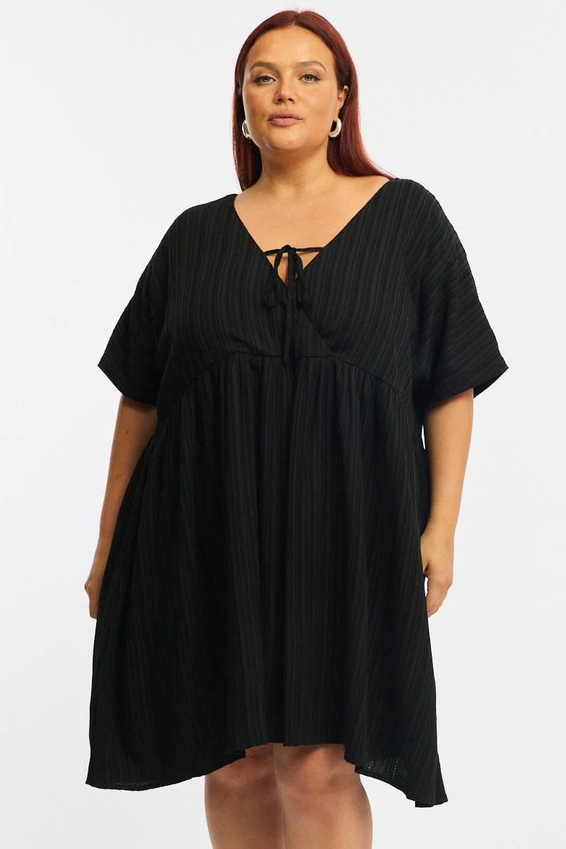 Black Mini Dress Textured Tie Front - Image 2