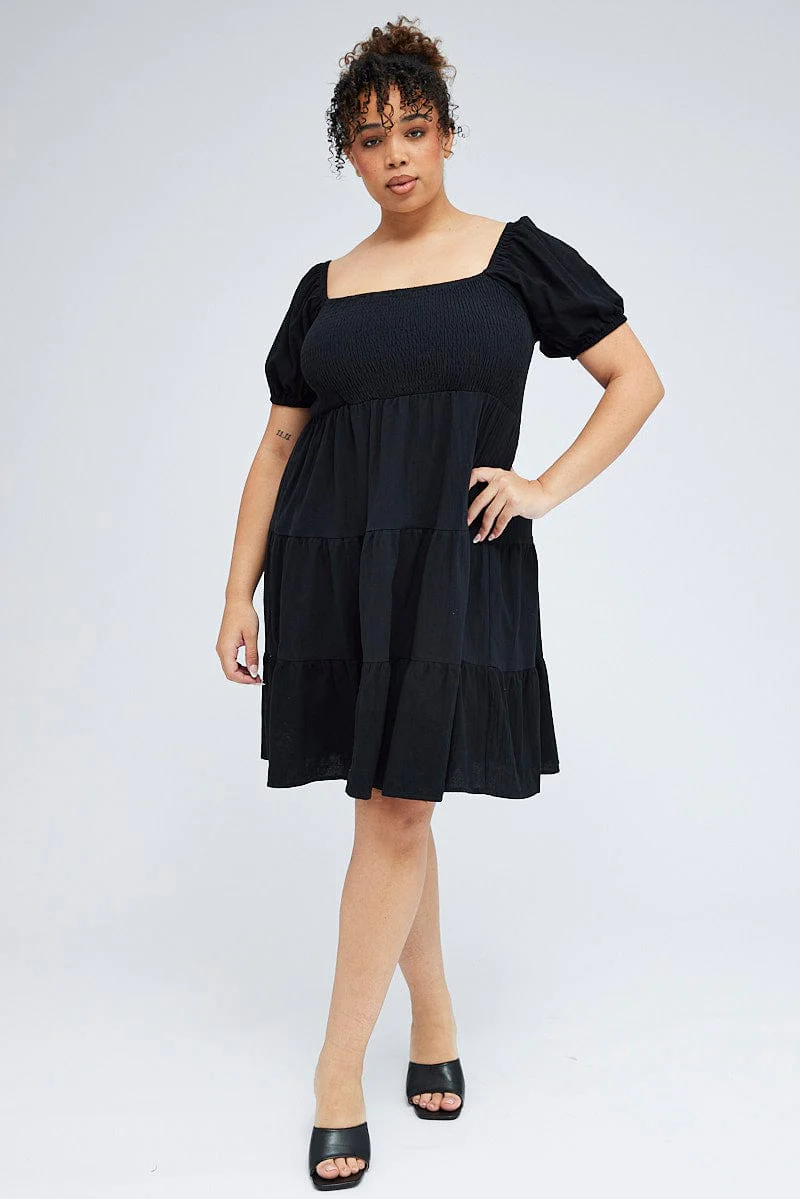 Black Mini Dress Tiered Shirred Bust Puff Sleeve - Image 2