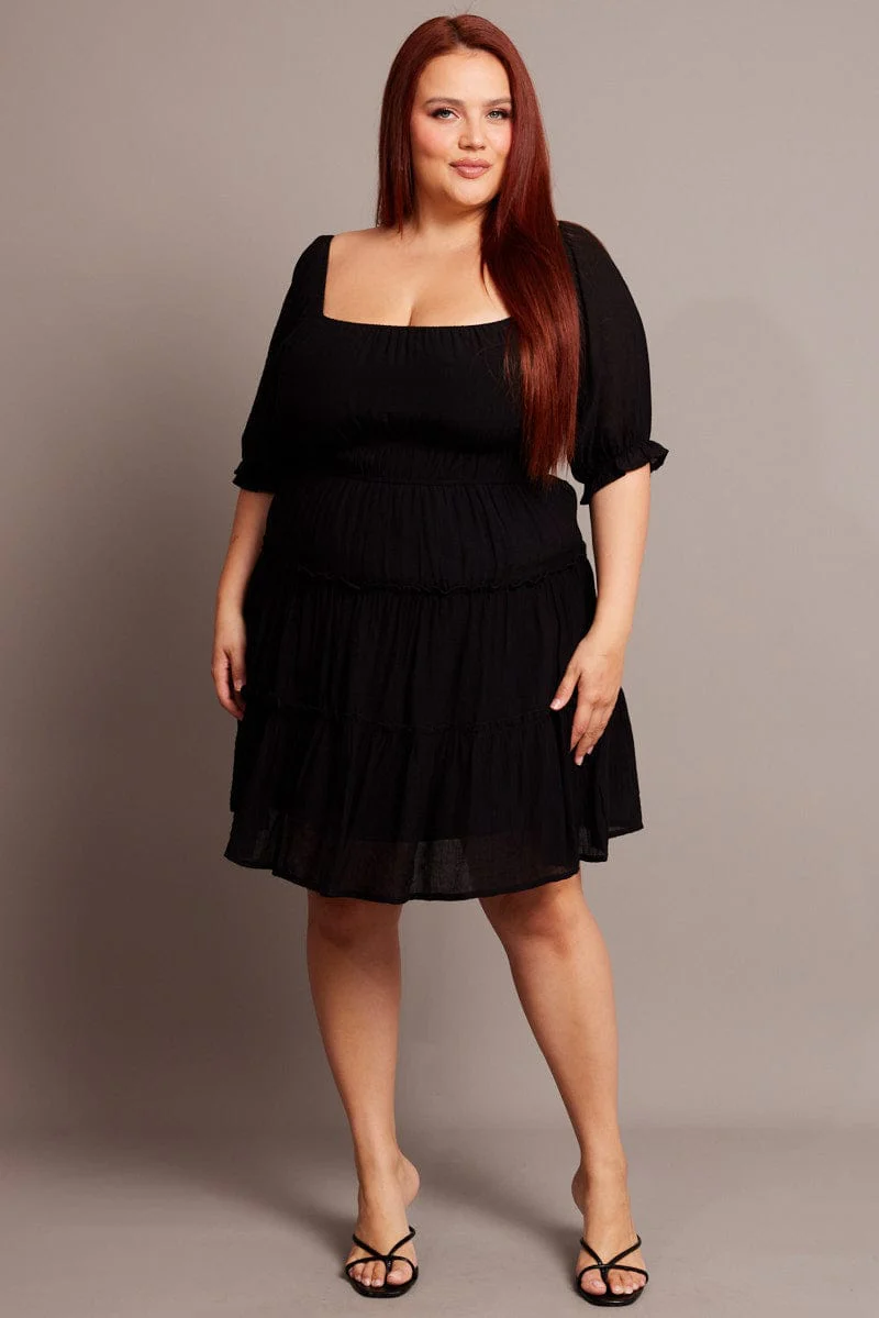 Black Mini Dress With Elastic Waist And Frill Skirt - Image 2