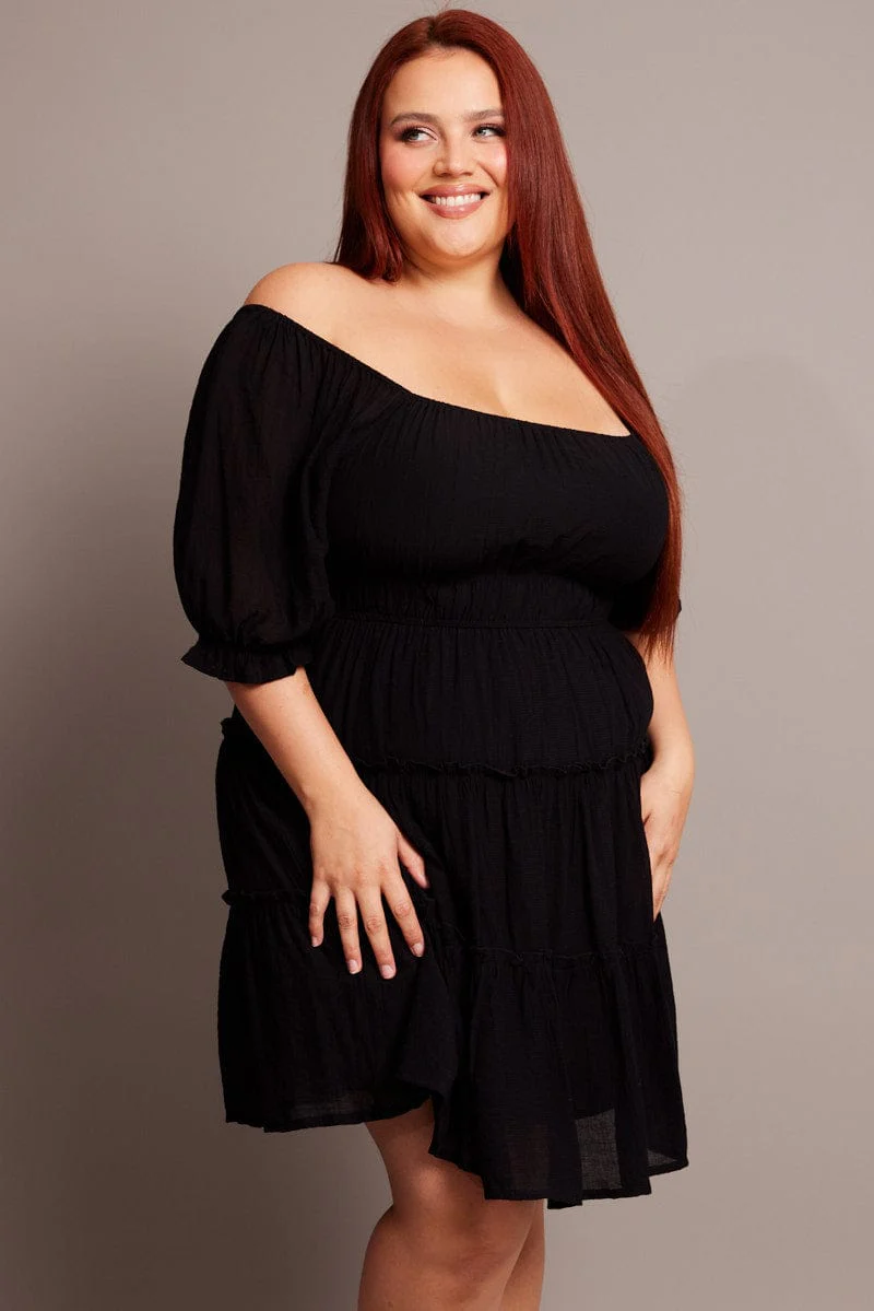 Black Mini Dress With Elastic Waist And Frill Skirt - Image 3