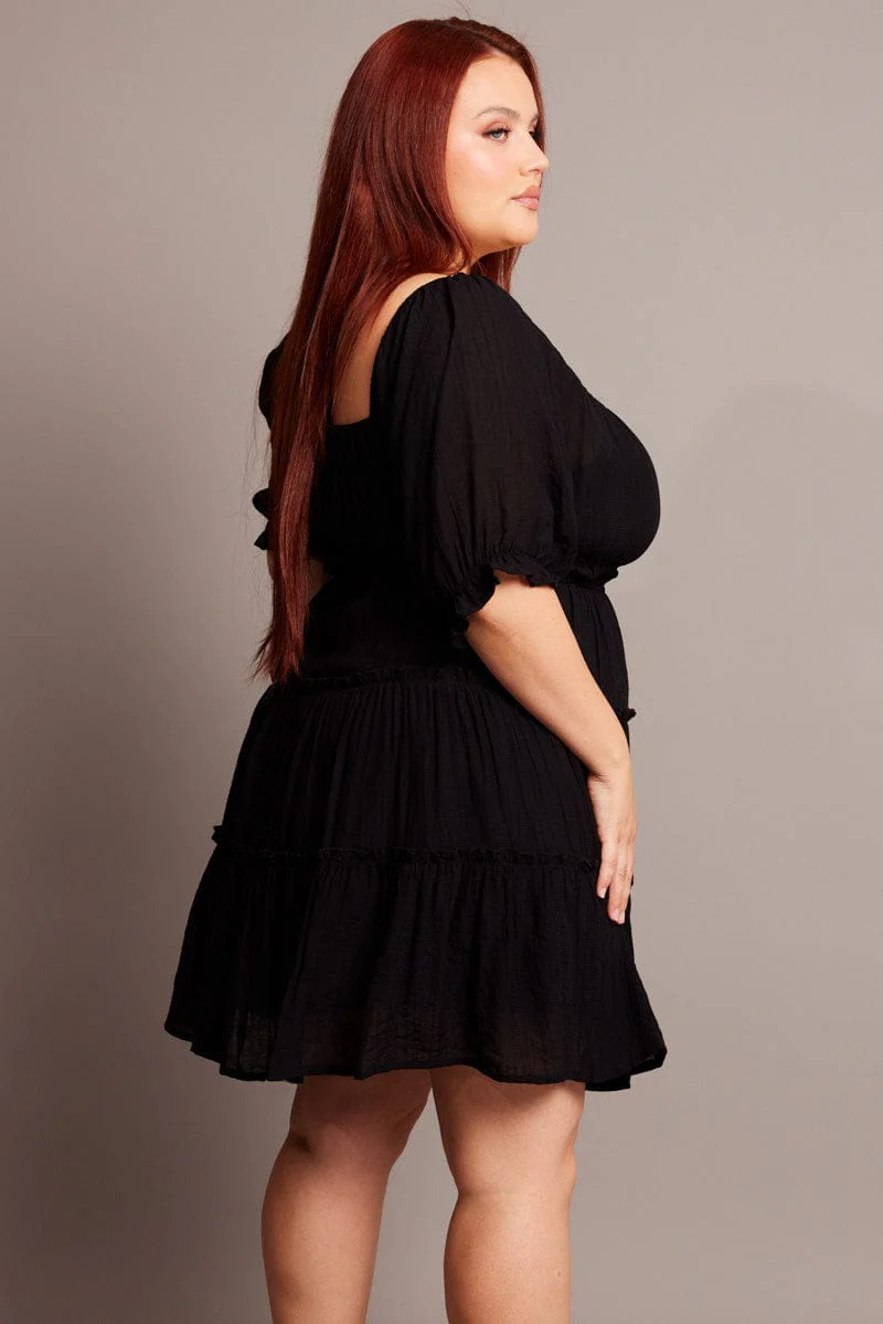 Black Mini Dress With Elastic Waist And Frill Skirt - Image 4