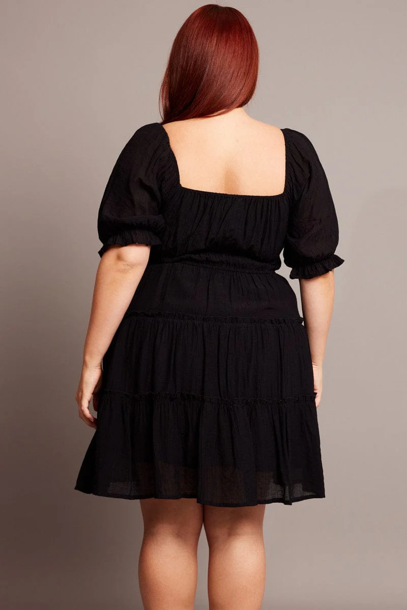 Black Mini Dress With Elastic Waist And Frill Skirt - Image 5