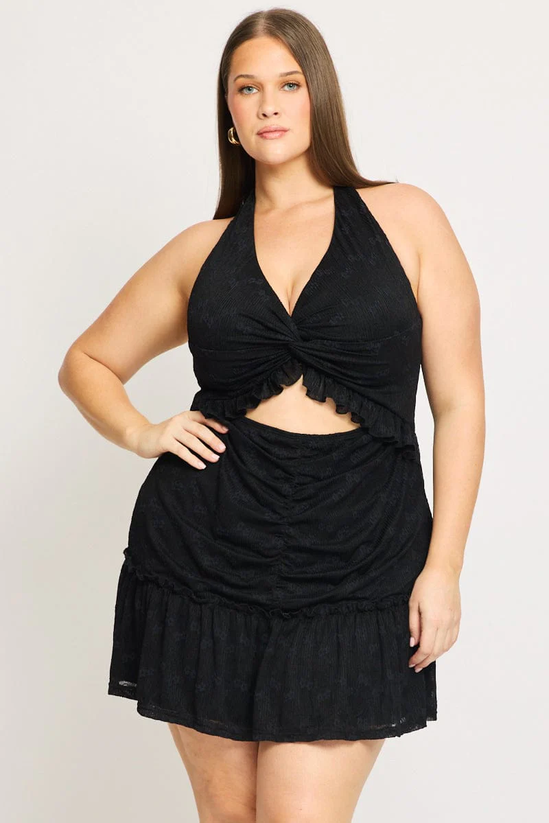 Black Mini Lace Dress Halter Neck Cut Out