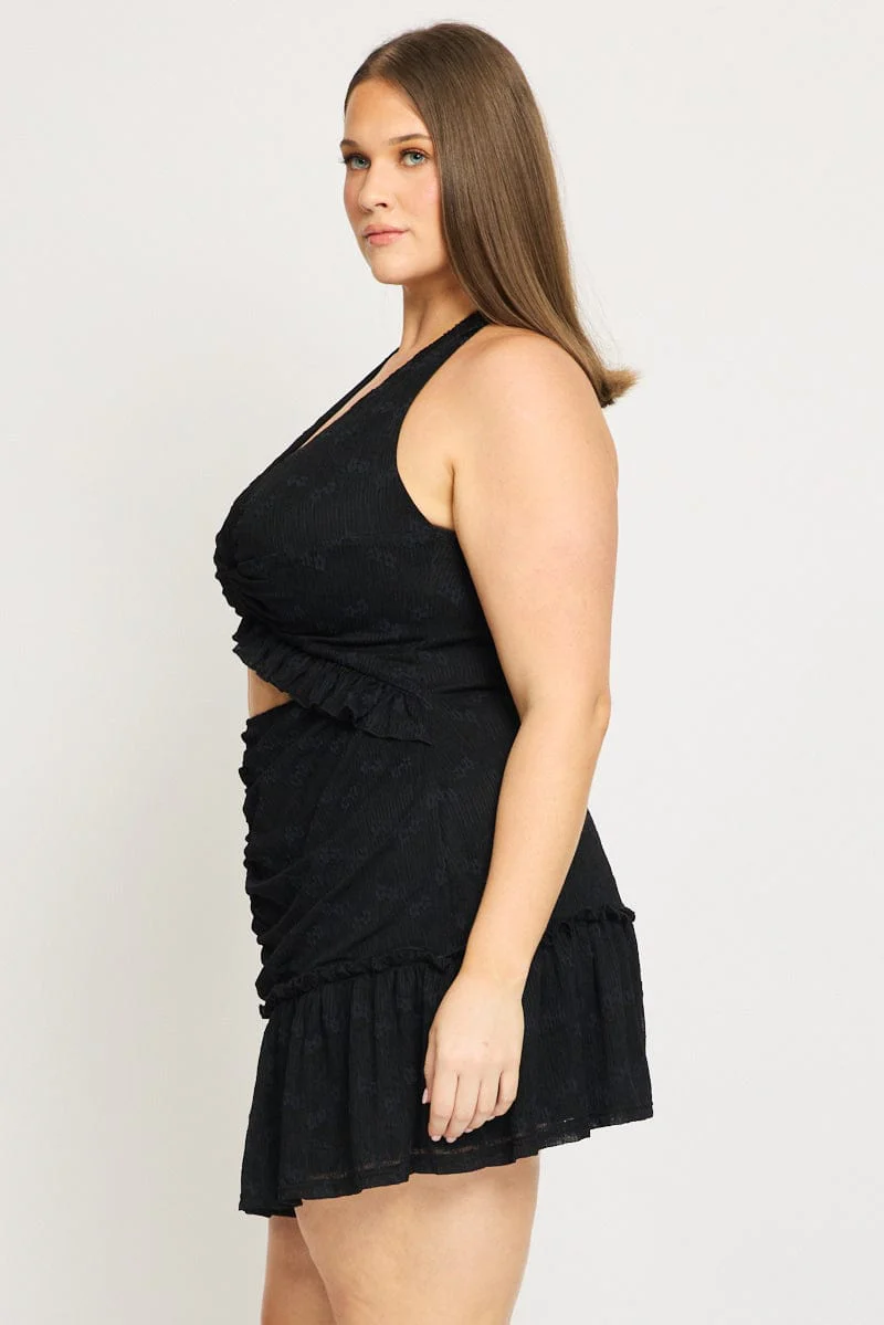 Black Mini Lace Dress Halter Neck Cut Out - Image 3