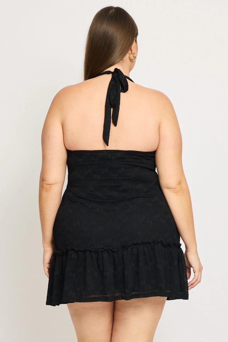 Black Mini Lace Dress Halter Neck Cut Out - Image 4