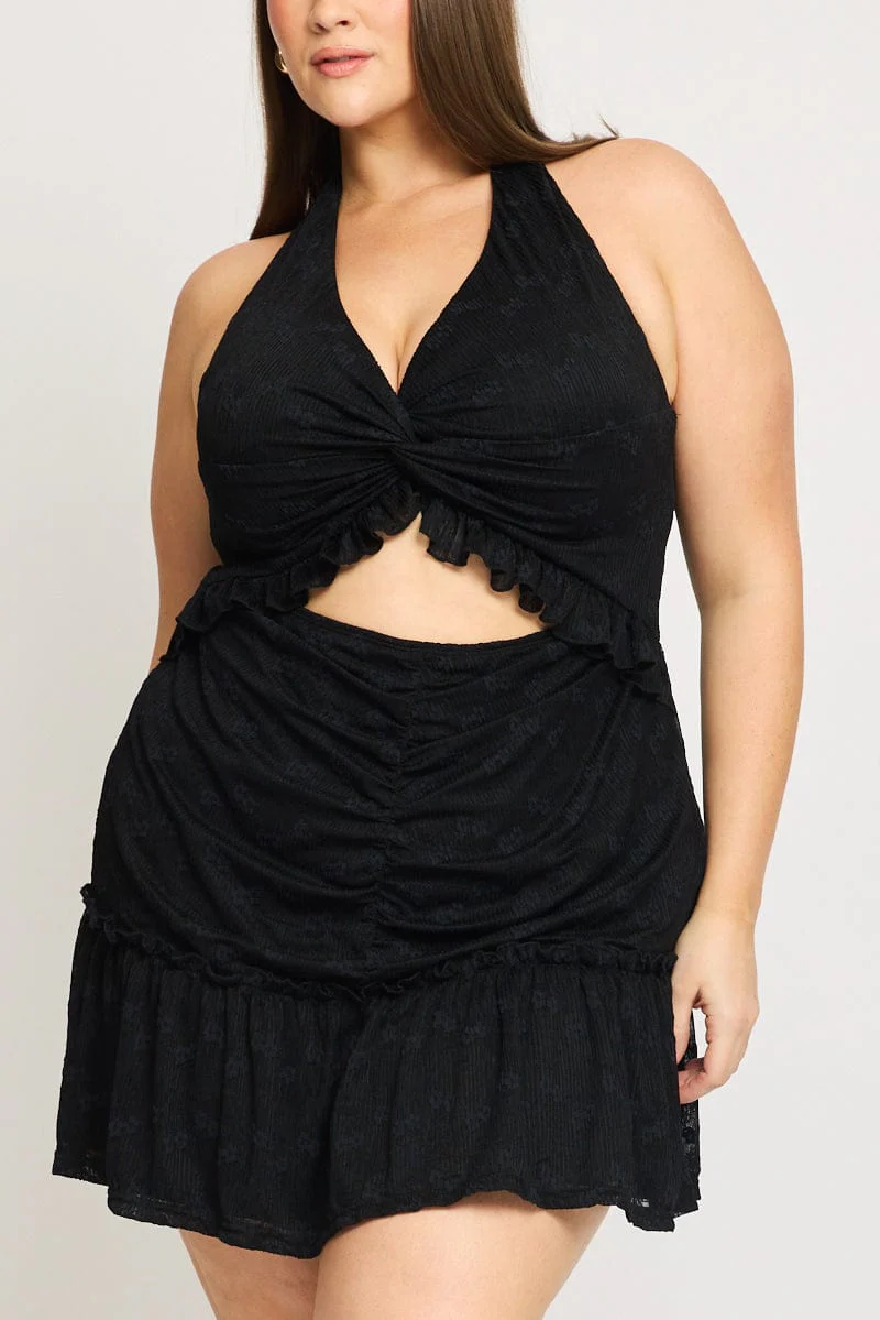 Black Mini Lace Dress Halter Neck Cut Out - Image 5