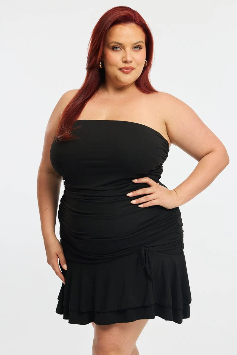 Black Mini Ruffle Dress Strapless Ruched Jersey