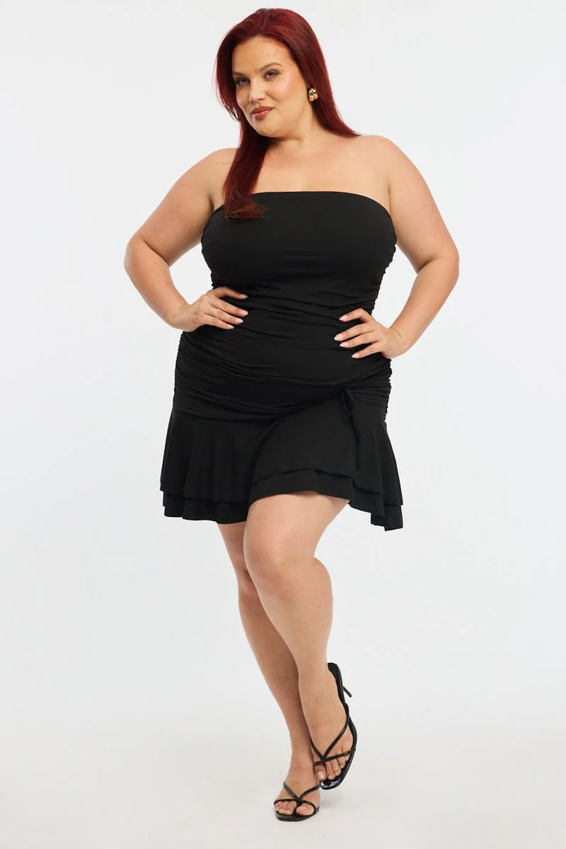 Black Mini Ruffle Dress Strapless Ruched Jersey - Image 2