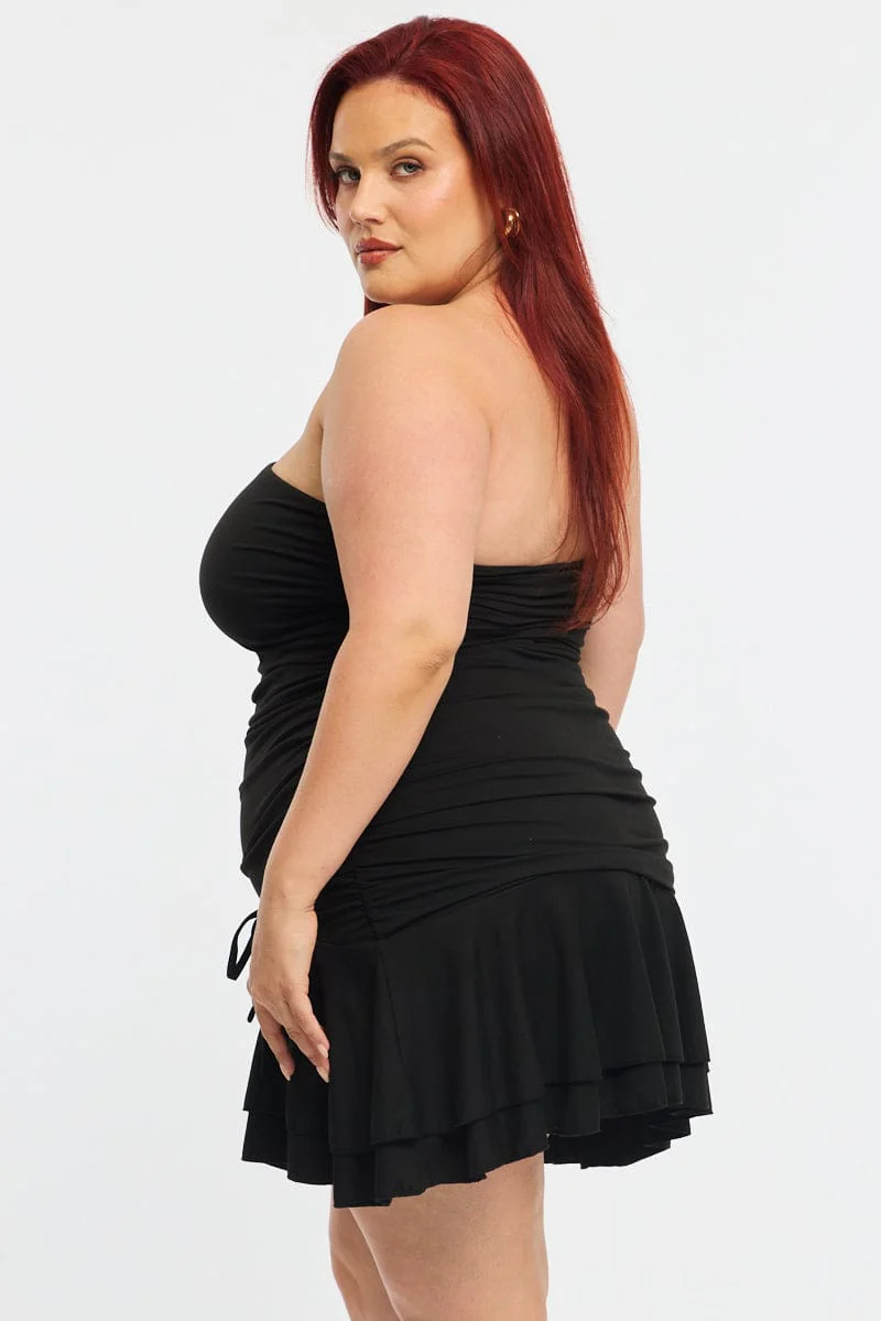 Black Mini Ruffle Dress Strapless Ruched Jersey - Image 3