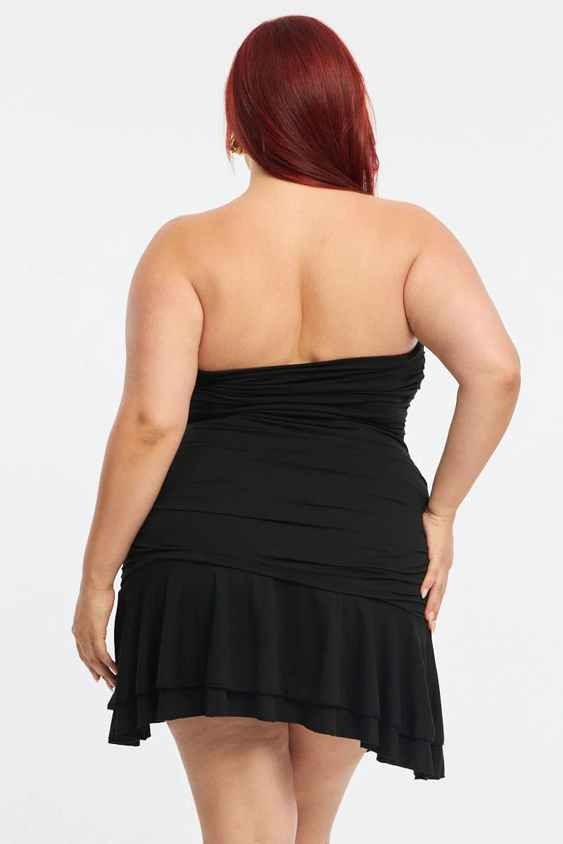 Black Mini Ruffle Dress Strapless Ruched Jersey - Image 4