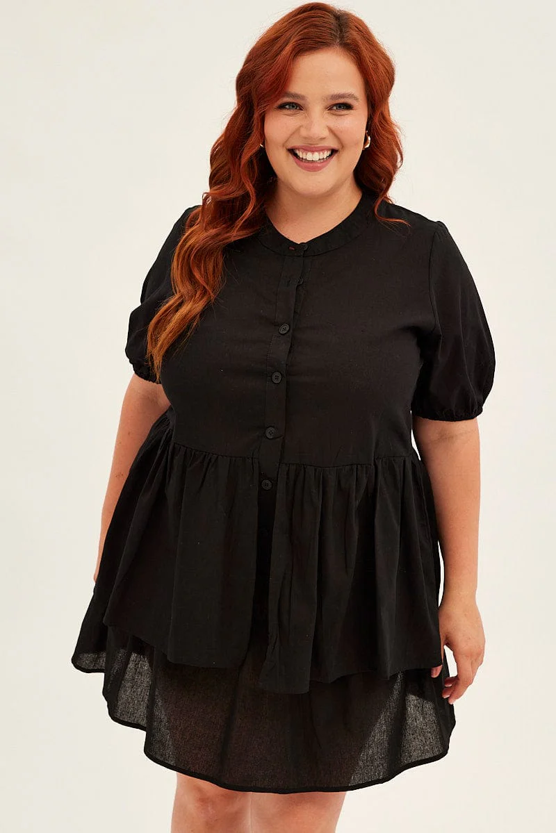 Black Mini Shirtdress Frill Layer Cotton Linen Blend - Image 3