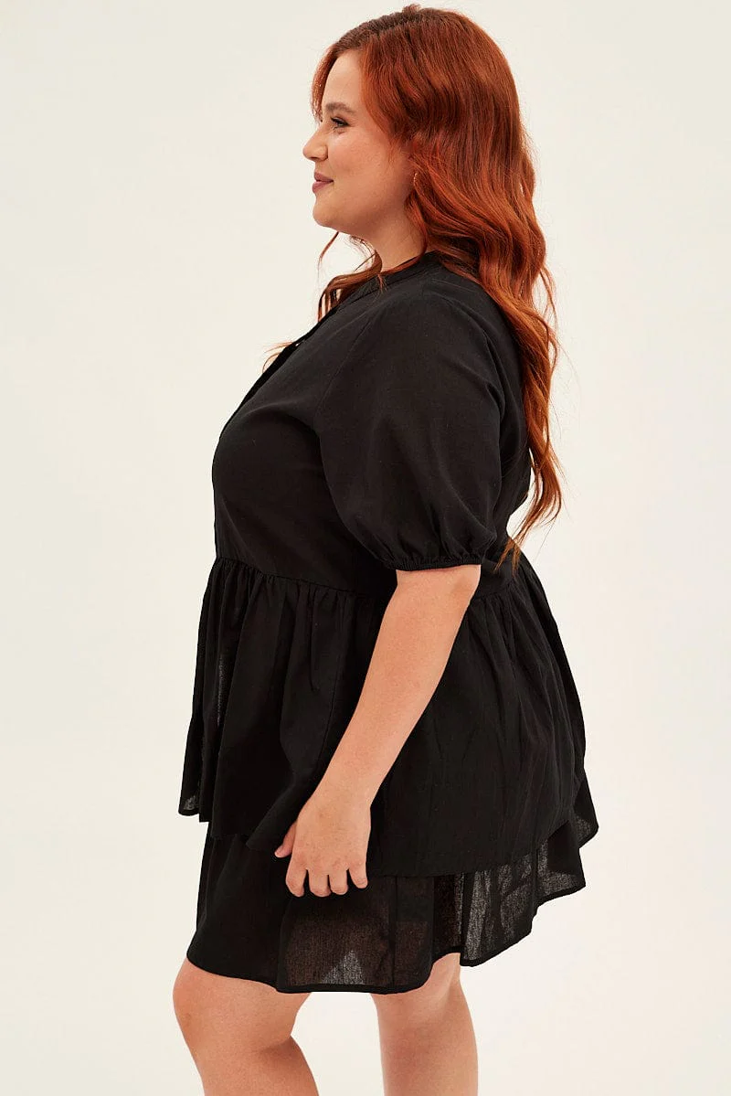 Black Mini Shirtdress Frill Layer Cotton Linen Blend - Image 4