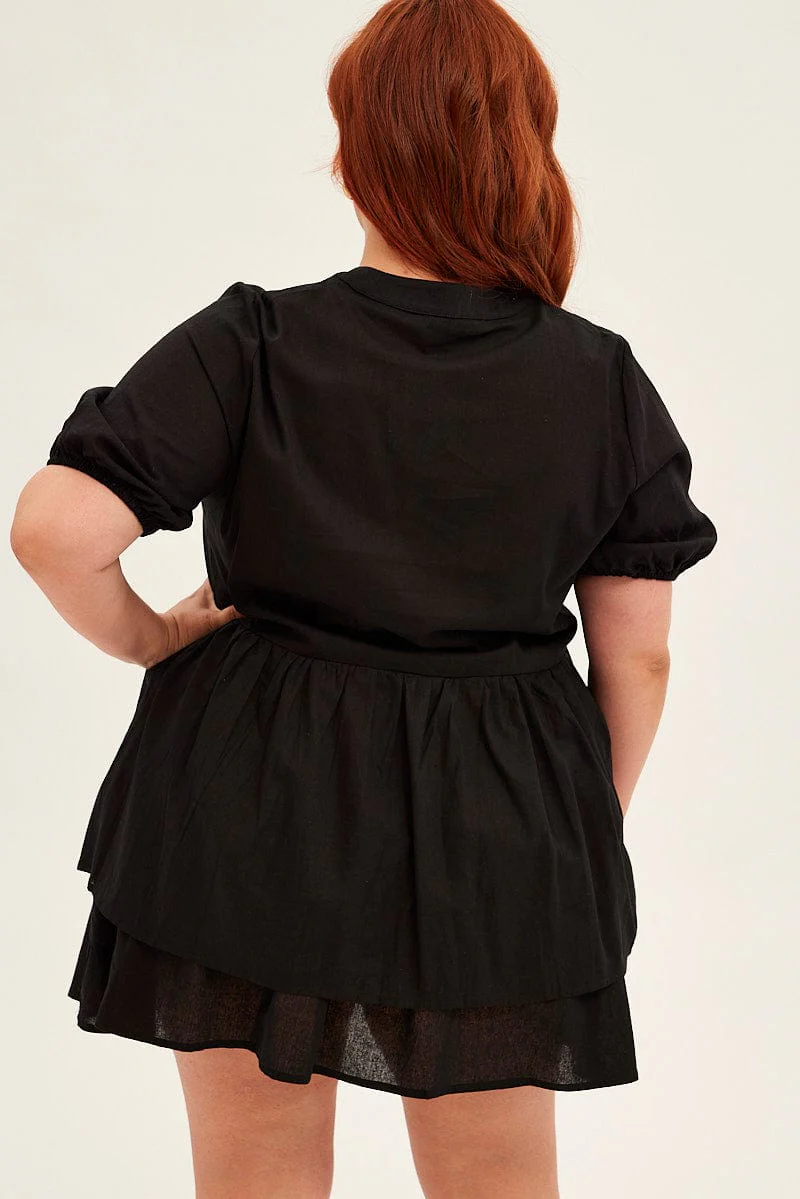 Black Mini Shirtdress Frill Layer Cotton Linen Blend - Image 5