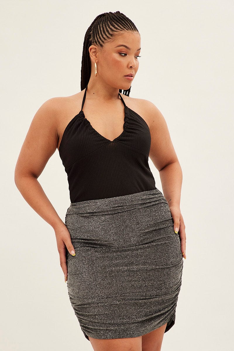 Black Mini Skirt Lurex Elastic Waist Ruched