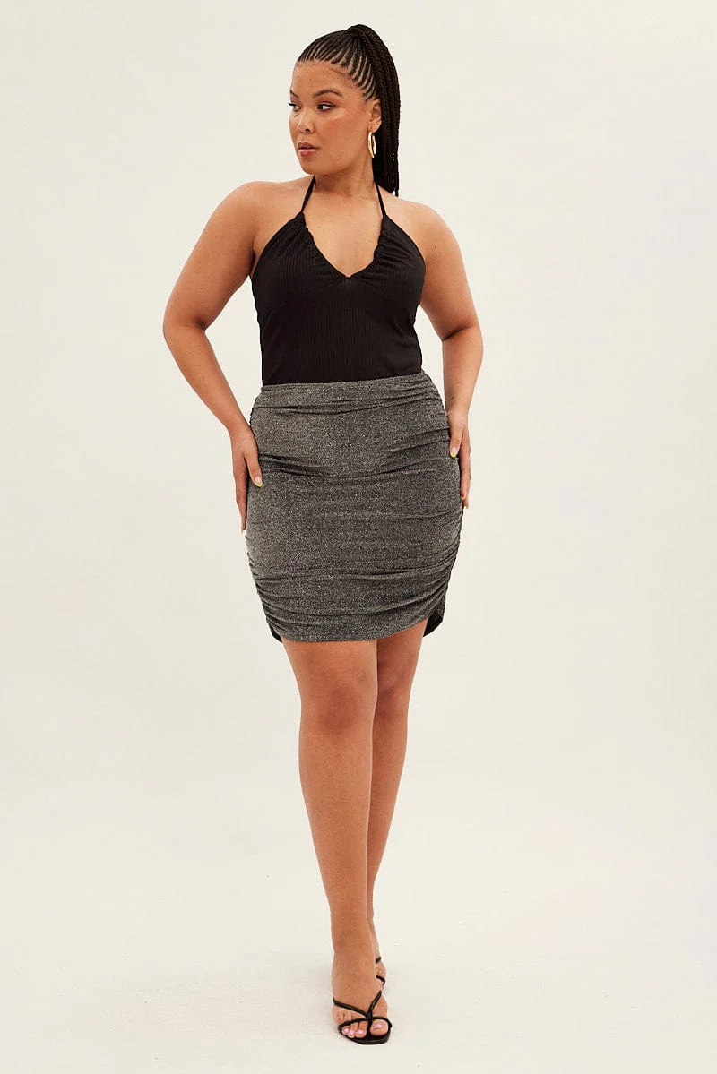 Black Mini Skirt Lurex Elastic Waist Ruched - Image 3