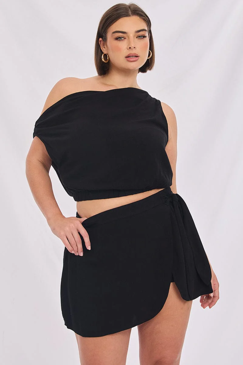 Black Mini Skirt Tie Waist Linen Blend