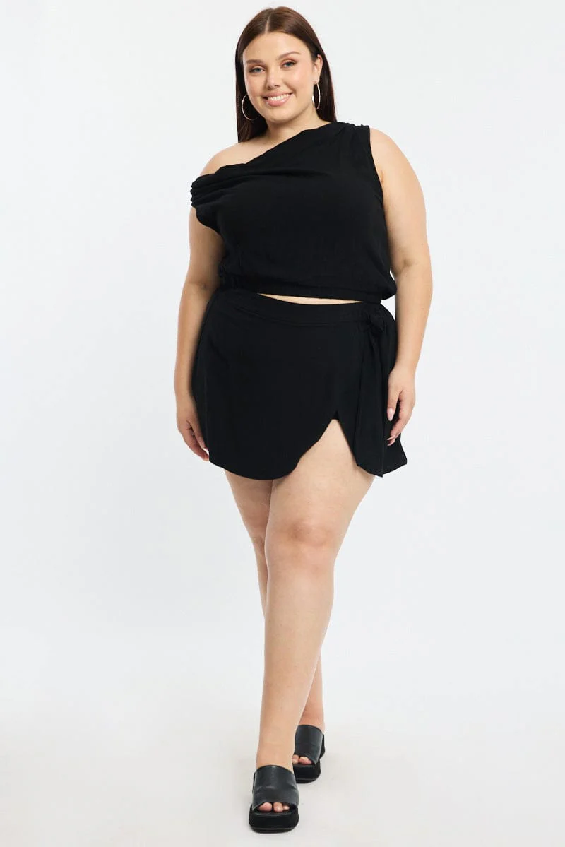 Black Mini Skirt Tie Waist Linen Blend - Image 3