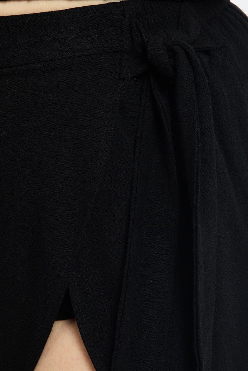 Black Mini Skirt Tie Waist Linen Blend - Image 6
