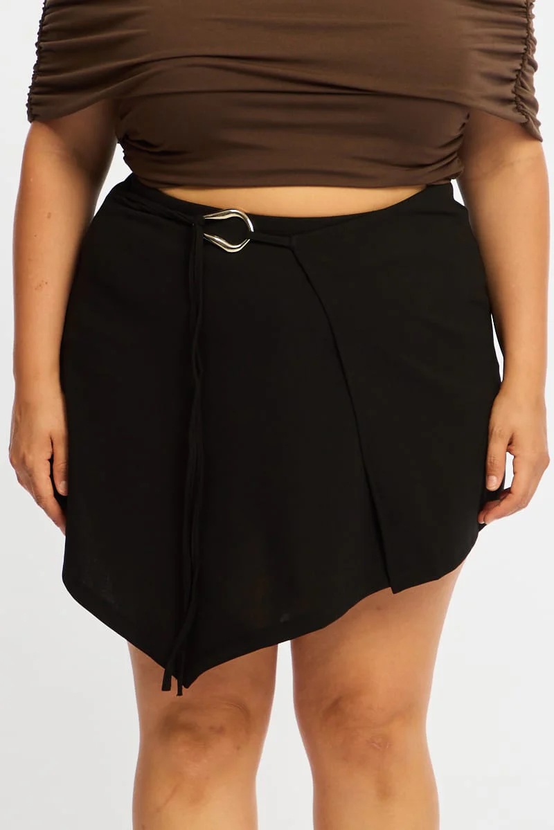Black Mini Skirt Wrap Asymmetric Hem - Image 3