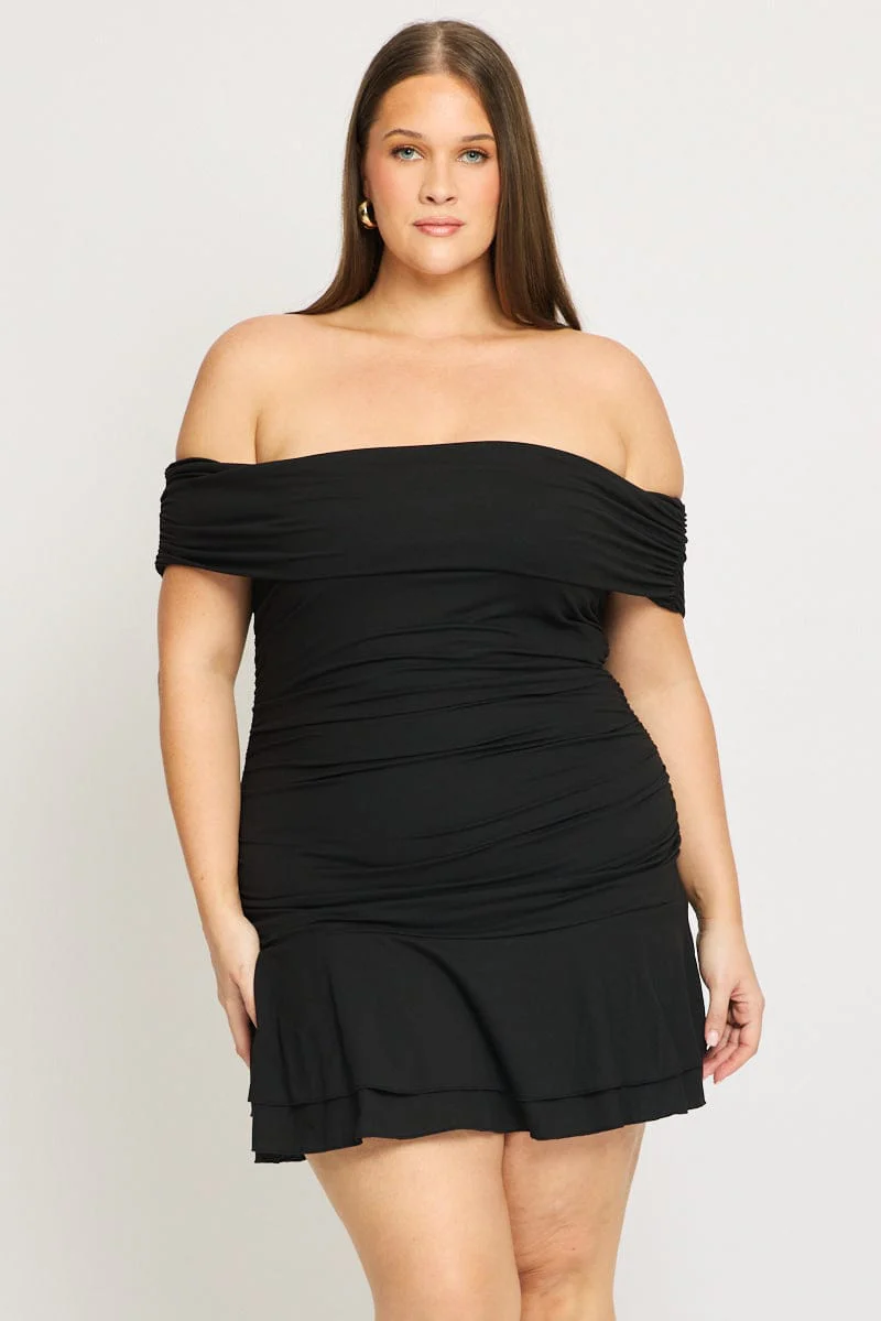 Black Off Shoulder Dress Ruched Jersey