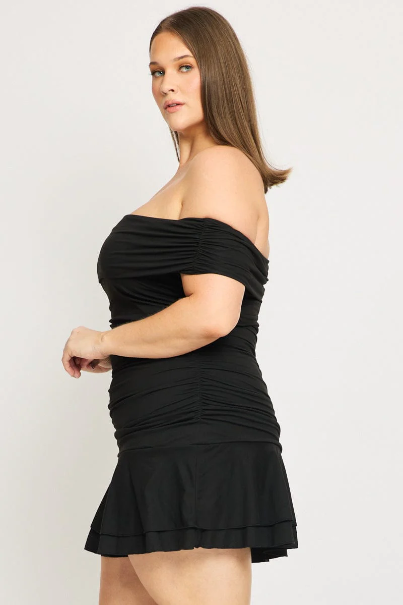 Black Off Shoulder Dress Ruched Jersey - Image 3