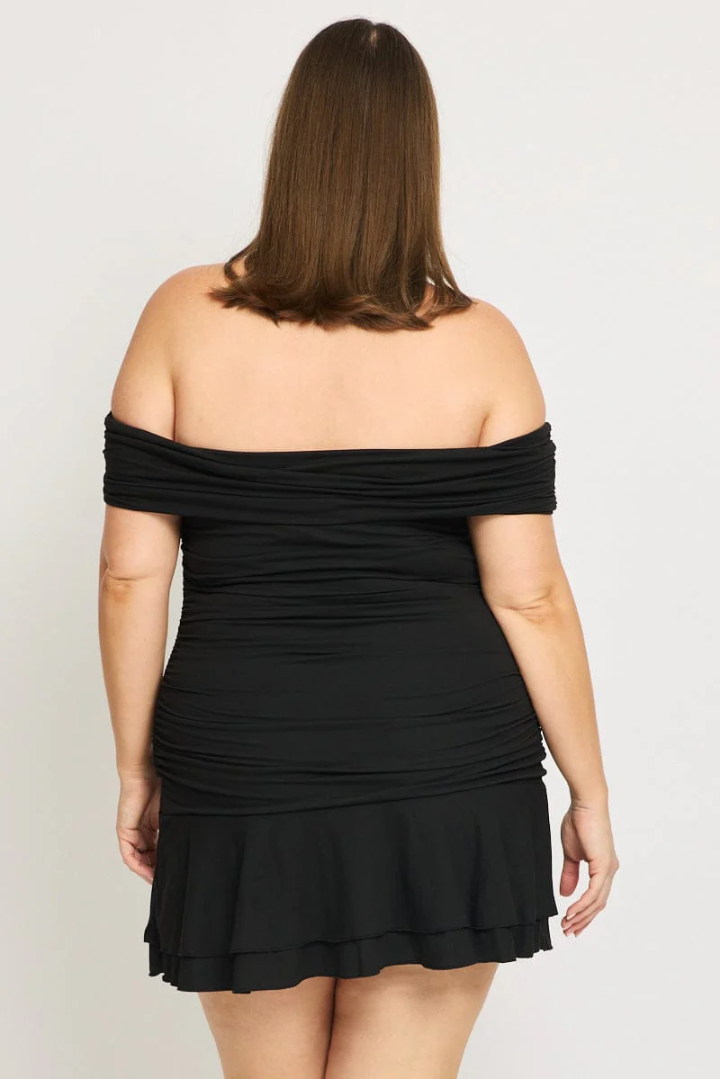 Black Off Shoulder Dress Ruched Jersey - Image 4