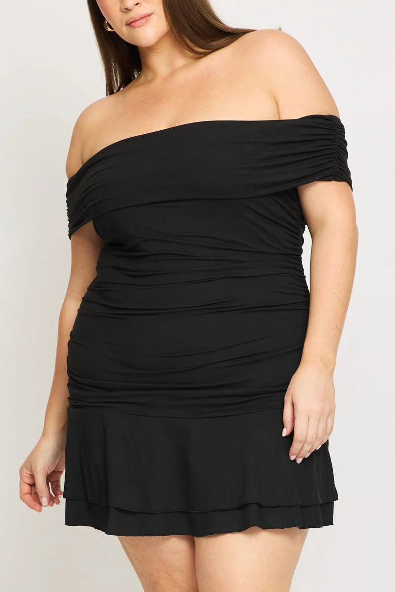 Black Off Shoulder Dress Ruched Jersey - Image 5