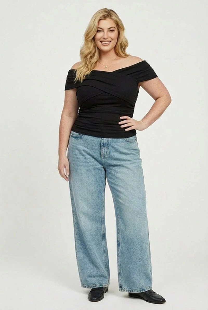 Black Off Shoulder Jersey Top Short Sleeve - Image 2