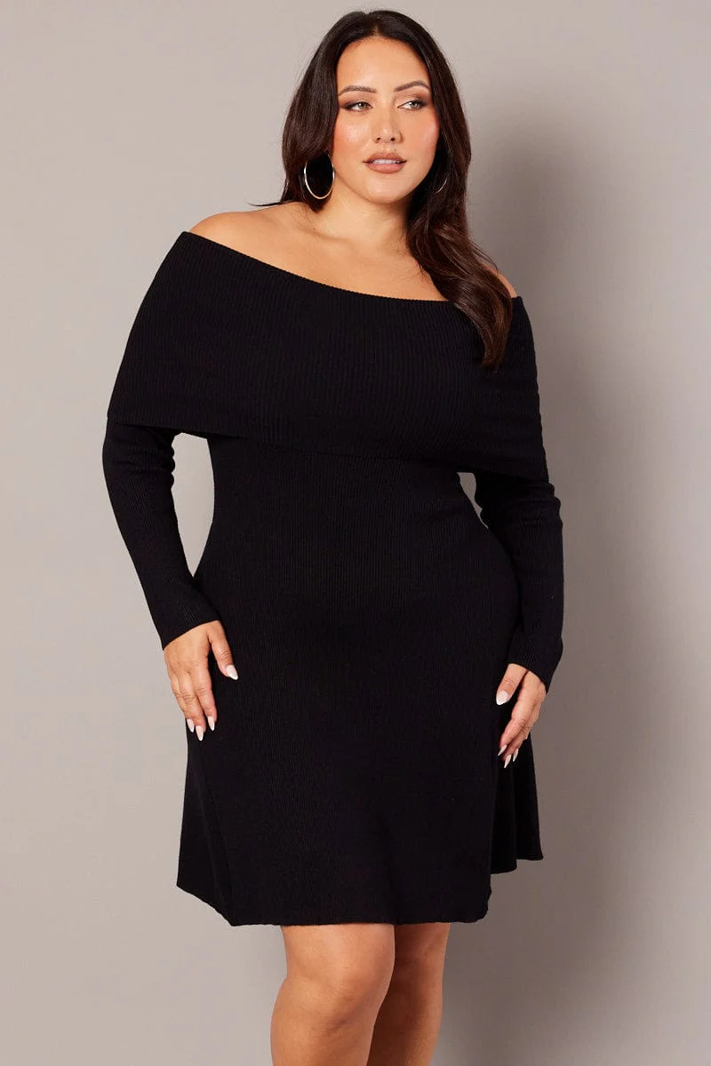 Black Off Shoulder Knit Mini Dress - Image 3