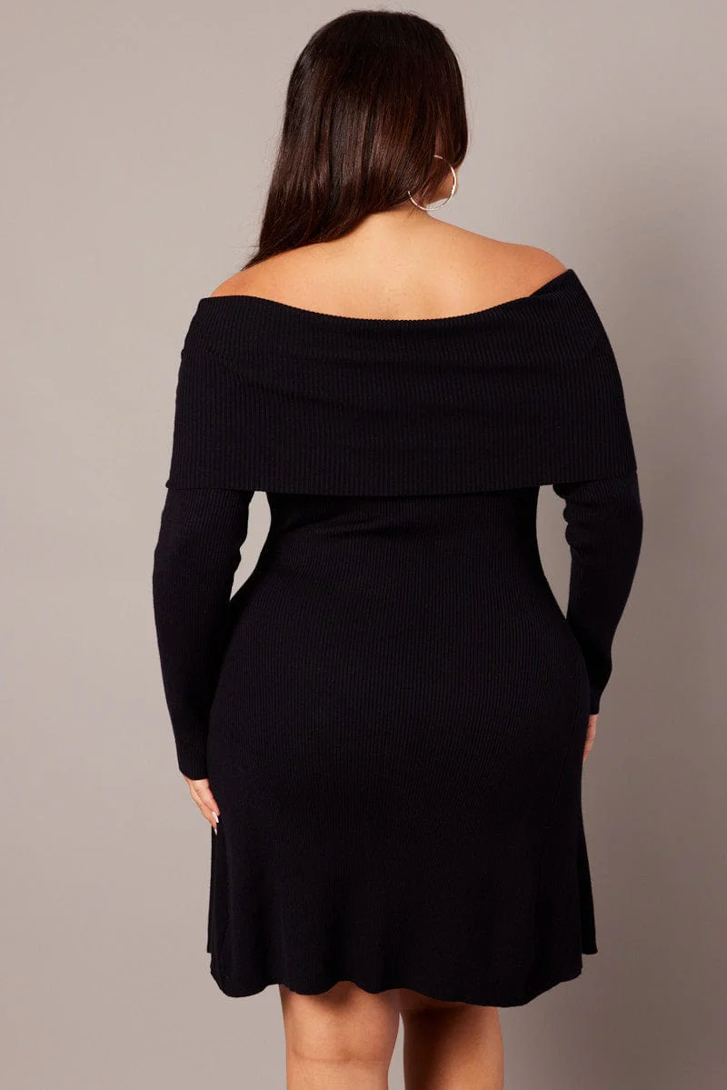 Black Off Shoulder Knit Mini Dress - Image 5