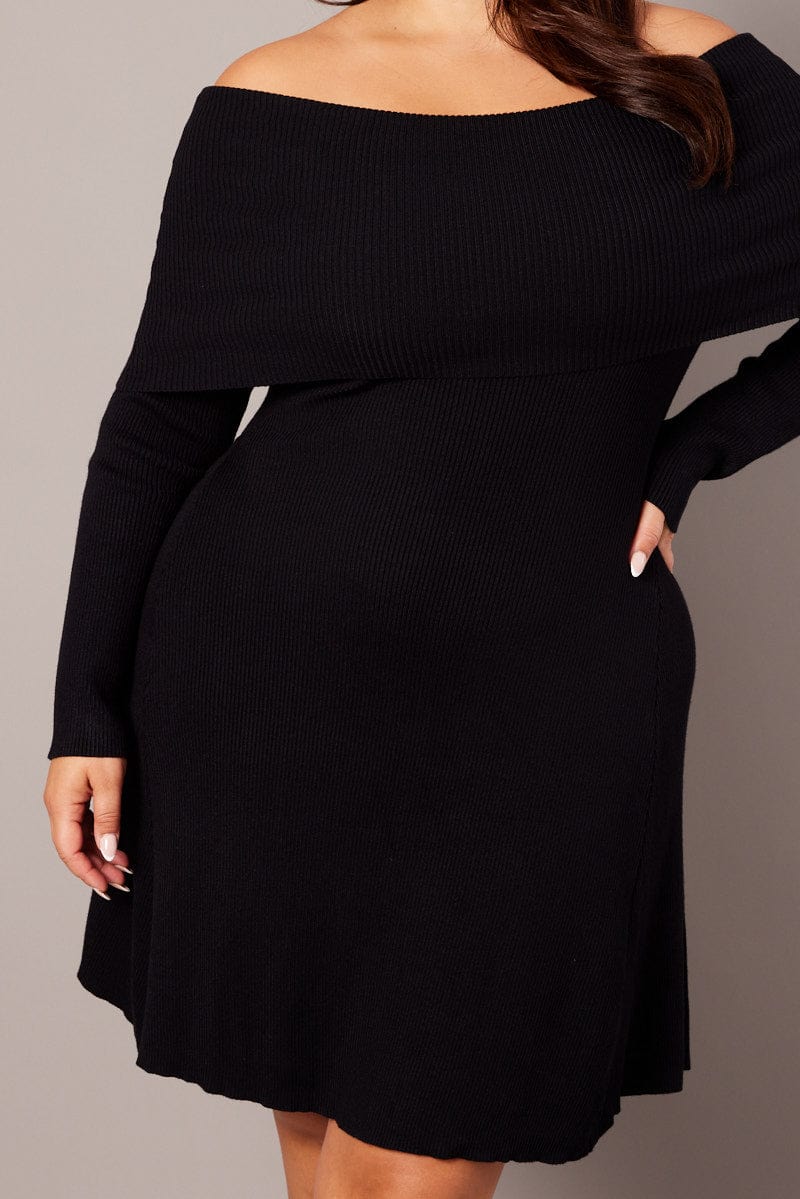 Black Off Shoulder Knit Mini Dress - Image 6