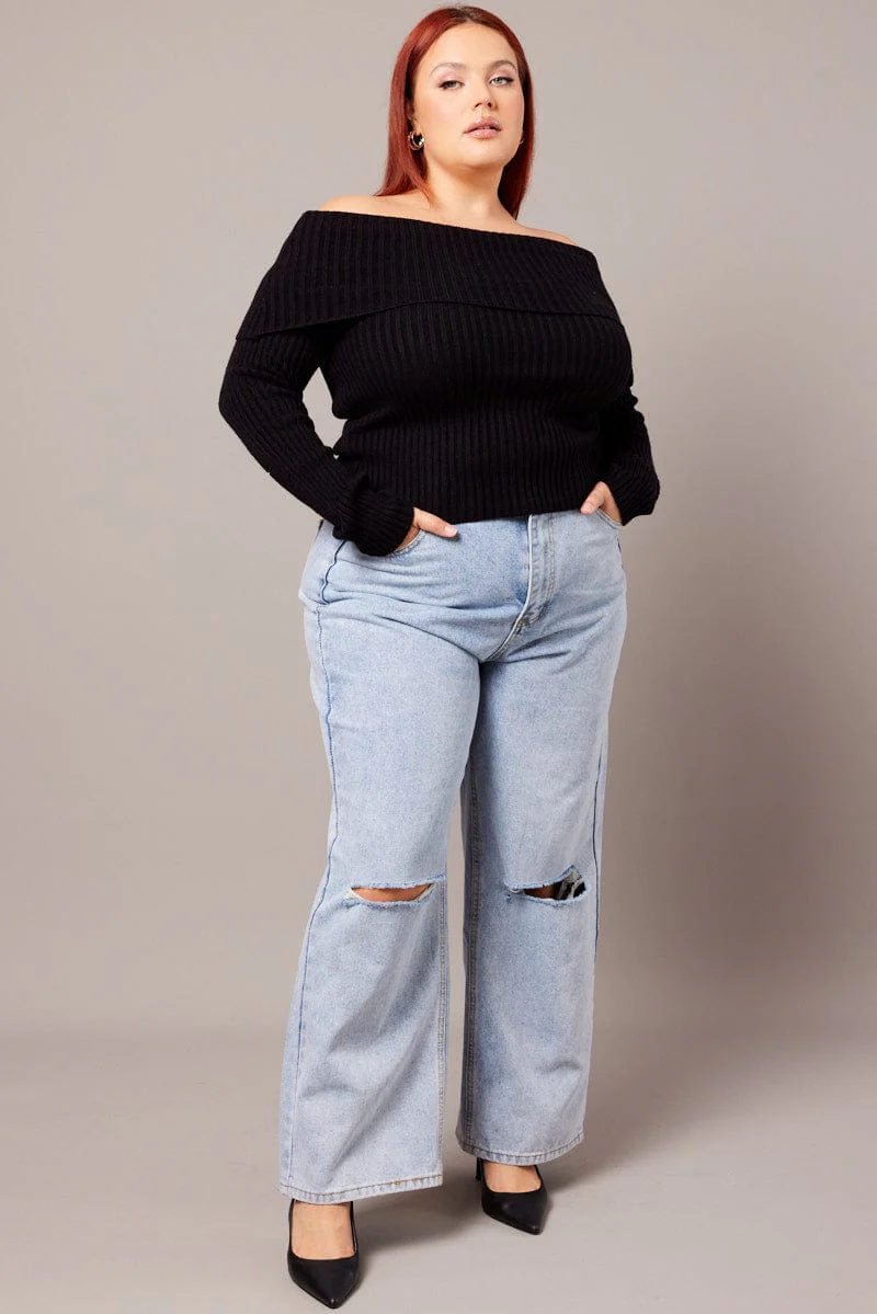 Black Off Shoulder Knit Top Long Sleeve - Image 2
