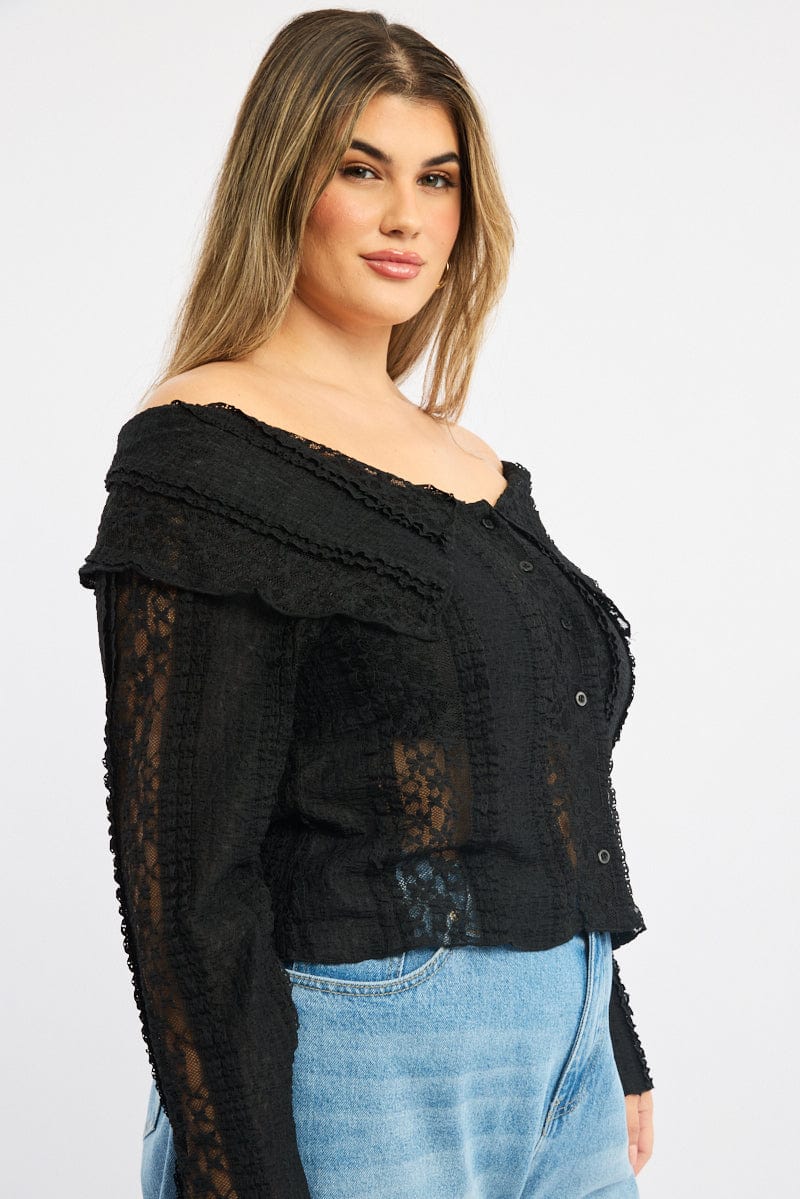 Black Off Shoulder Lace Long Sleeve Top - Image 3